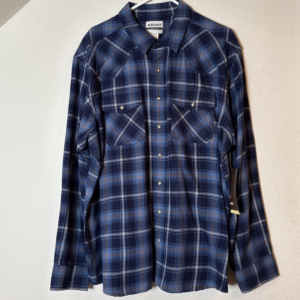 Ariat Mens XXL Retro Fit Flannel Snap Button Western Shirt Maritime Blue Plaid